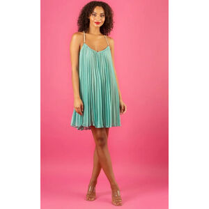 Women's JESSIE LIU Teal Pleated Mini Dress with Beige Straps XS